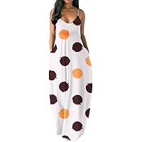 Women's Rainbow Print Long Dress Straps V Neck Sleeveless Pockets Boho Maxi Dress