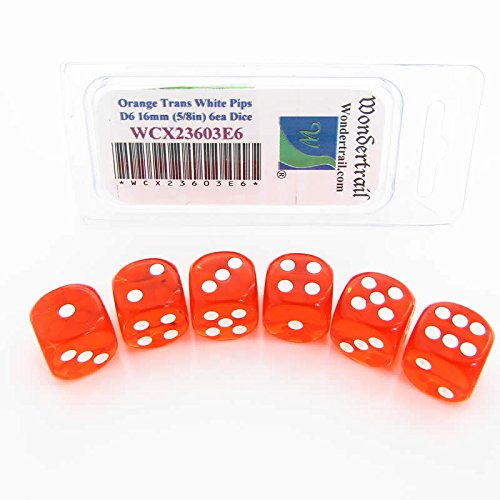Orange Translucent Dice White Pips D6 16mm Pack of 6 Wondertrail WCX23603E6