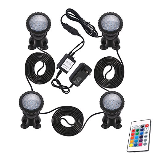 TOPBRY Remote Control Submersible Spotlight Pond lights 36 LED Colorful IP68 Waterproof Aquarium Spotlight Multi-color Decoration Landscape lamp for Fountain Fish Pond Tank Water Garden (Set of 4)