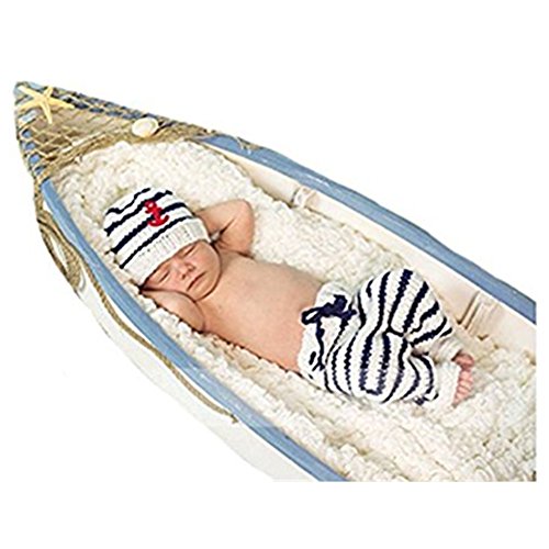Unisex Newborn Baby Photography Prop Crochet Sailor Navy Stripe Anchor Hat Pants