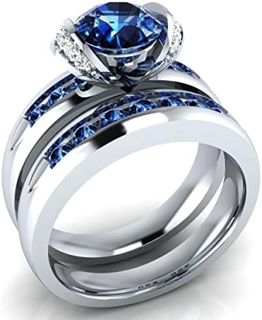 tusakha Created Genuine 1.50 Ct Round Cut Blue Sapphire & White Diamond Engagement Ring Bridal Set .925 Sterling Silver