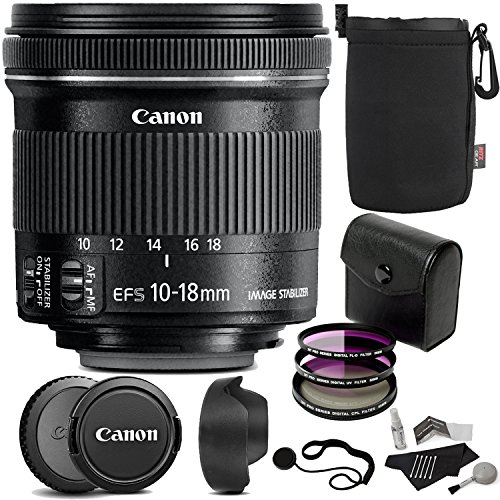 Canon EF-S 10-18mm f/4.5-5.6 IS STM Lens + Polaroid Optics 67mm 3 Piece Filter + Ritz Gear Medium Neoprene Protective Pouch + 5 Piece Camera Cleaning Kit + Polaroid Cap & Strap