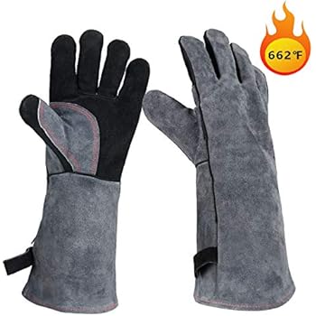 OZERO Leather Welding Gloves Full Protection & Extreme Heat Resistant 662℉, Insulated BBQ/Oven Baking/Meat Grilling/Barbecue Gloves