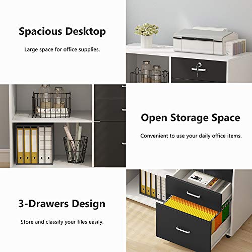 Tribesigns 3 Drawer Wood File Cabinets with Lock, Large Modern Lateral Mobile Filing Cabinets Printer Stand with Wheels, Open Storage Shelves for Home (White with Lock) - Thumbnail 5