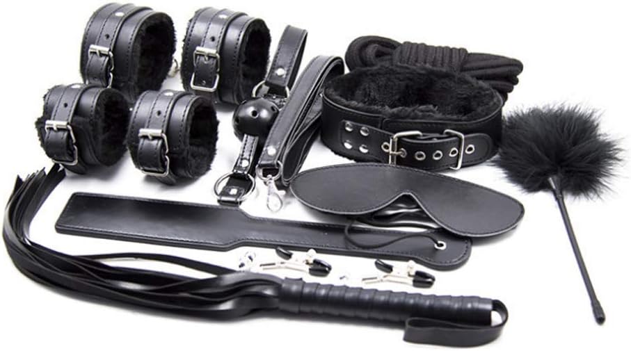 Bed Restraints Plush Black Suit with Satin Blindfold, Velvet Drawstring Bag and Feather Itch for Men and Women(Black Plush Set of Ten (Five Meters Rope))
