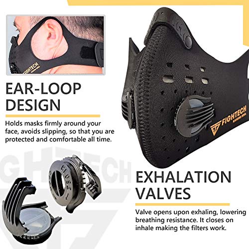 FIGHTECH Dust Mask | Mouth Mask Respirator with 4 Carbon Filters for Pollution Pollen Allergy Woodworking Mowing Running | Washable and Reusable Neoprene Half Face Mask (Large, Charcoal Black)