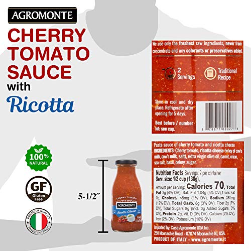 Agromonte Authentic Italian Cherry Tomato Pasta Sauce (Ricotta Cheese)- Taste of Italy Gourmet Foodie and Chef Gift - Certified Kosher, Gluten-Free, All Natural 9.17oz (2 pack)