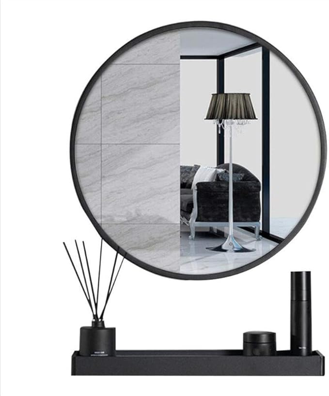 UQA Espejo de Pared Redondo Decorativo Negro con estantes de