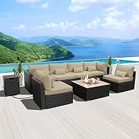 Amazon Com Modenzi Outdoor Sectional Patio Furniture With Propane Fire Pit Table Espresso Brown Wicker Resin Garden Conversation Sofa Set G7 Sofa Square Fire Pit Light Beige Kitchen Dining