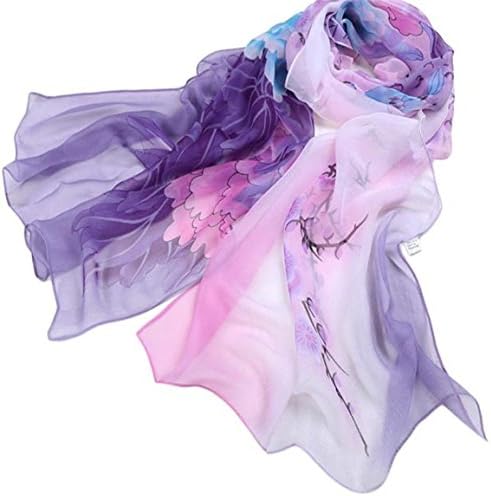 HN Women Ladies Chiffon Floral Scarf Soft Wrap Long Shawl (Purple)