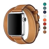 WAfeel Compatible for iWatch 38/42mm Leather Band Double Tour iwatch Strap Replacement Band with Stainless steel Clasp for Iphone Watch Series 3 Series 2 Series 1,Sport Edition Men Women (Brown, 42mm)