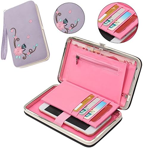 Clutch Purse for Ladies, Pershoo Multi-purpose Bifold Wallet PU Leather Phone Wallet Lovely Embroidering Flower Mini Luggage Long Handbag ID Card Case Passport Holder Billfold with Wrist Strap- Purple