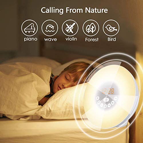 ACETEND Alarm Clock, Wake 6 Nature Sounds, FM Radio, Color Light, Bedside Sunrise Simulator,Touch Control for Heavy Sleepers-White