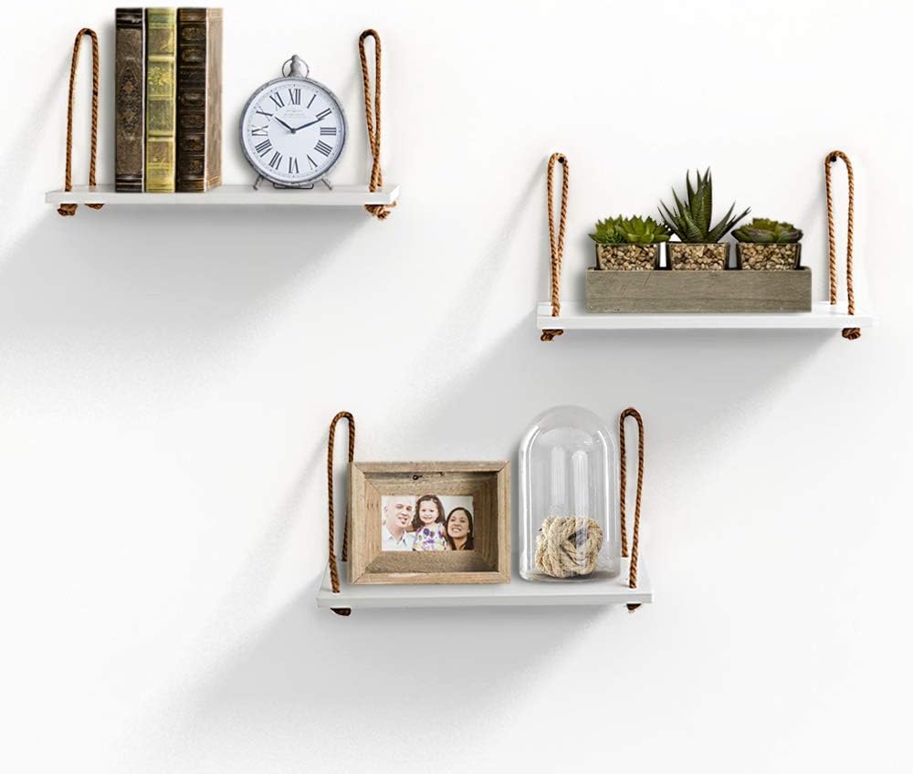 AHDECOR Rope Hanging Floating Shelves, Wall Swing Storage Shelf for Home Décor, White, 3-Pack