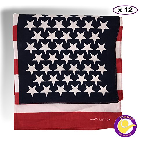 Allgala 12-PC 100% Cotton Premium Bandannas, US Flag