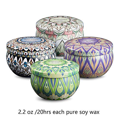 amasky Scented Candles-Scented Candle for Stress Relief and Aromatherapy,Weddings,Travel Tin, Made of Natural Soy Wax,4 Fragrances-Lavender,Rose,Lilac,Jasmine(4 Packs)