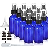 Olilia 2 oz Cobalt Blue Glass Spray Bottles with Black Fine Mist Sprayer Pack of 12, Mini Funnel and Transfer Pipettes included