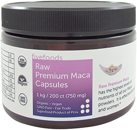 Premium Maca Root Capsules – Raw, Organic, Fair Trade, GMO Free, Grown Traditionally in Peru – 200 Vegan Capsules, 750 Mg Each