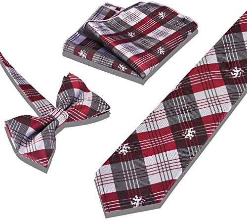 WEBO Mens Polyester Skinny Neck ties Bowtie Pocket Square 3pcs Set（Red Plaid）