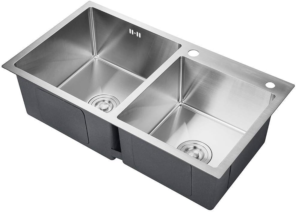Moderne Edelstahl Küchenspüle mit 2 Becken für 80cm Unterschränke, eckige Einbauspüle