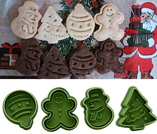 Christmas Themed Cookie Cutter Set By Garloy(4 Pack),Cute Cookies Cake Topper Sugar Craft Chocolate Decorating Plunger Cutter Mold,Spring-loaded Handle, Food Safe Plastic(Colors May Vary)