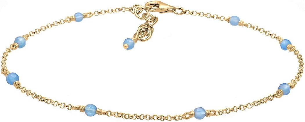 ElliWomen's 925 Sterling Silver Gold Plated Agate Gemstones Anklet - 22cm length