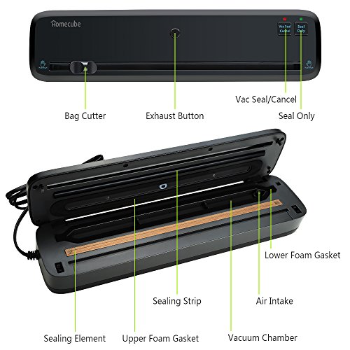 Vacuum Sealer, Homecube 4-in-1 Automatic Food Sealers with Starter Bags & Roll for Food Savers and Sous Vide Plus 20 FREE Sealable Bags - Thumbnail 2