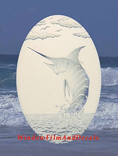 Oval Marlin Etched Window Decal Vinyl Glass Cling - White with Clear Design Elements (15" x 23")