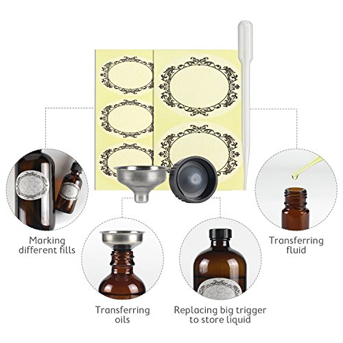 12 Pack Amber Glass Essential Oil Bottle Kits - 2 Pack 16oz & 4 Pack 2oz Spray Bottles & 6 Pack 10ml Roller Bottles for Essential Oils or Cleaning Agent. Labels, Droppers, Funnels and Lids Included
