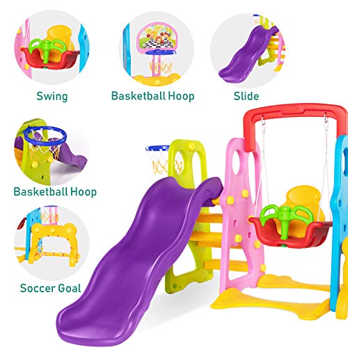 5 in 1 Climber and Swing Set, Toddler Slide and Swing Set, Basketball Hoop, Football Gate, Playset for Backyard, Playground Set, Baby Swing Outdoor & Indoor, Yard Games for Kids, Baby Outside Toys