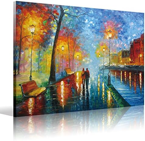 AlbaArt Romantic Paintings Picture Modern Abstract City Landcape Print on Canvas Night Rainy Street Giclee Artwork Wall Art Home Decorations Stretched Frame Ready to Hang