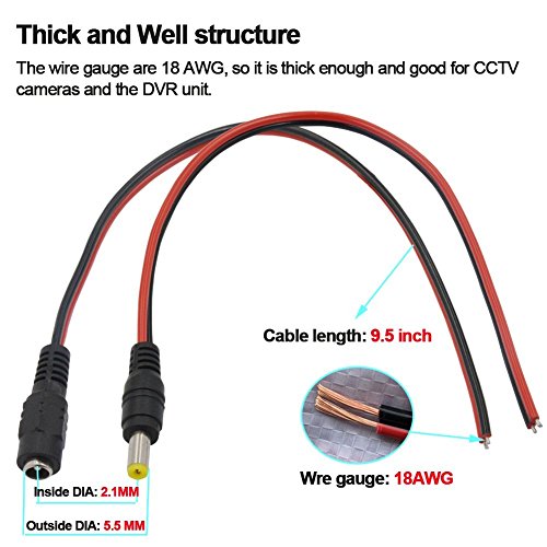 [Real 18AWG 43x2pcs Wires] 10 Pairs DC Power Pigtail Cable 12V 5A Male & Female + 10 Pairs DC Power Jack Plug Adapter Connector for CCTV Home Security Surveillance by MILAPEAK (2.1mm x 5.5 mm) - Thumbnail 4