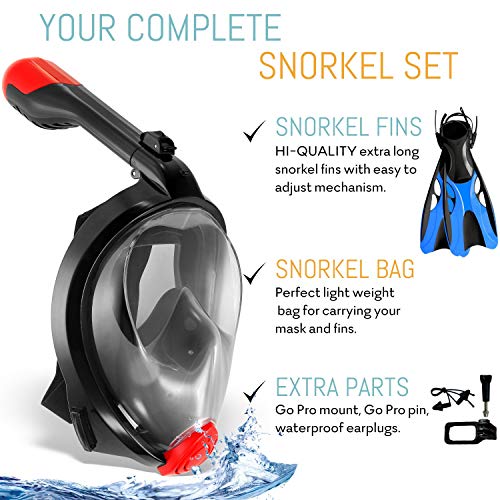 cozia design Snorkel Set with Foldable Snorkel MASK - Swim FINS Included - Premium Set Ocean View 180 Full Face Snorkel Mask with Go Pro Mount - Foldable Tube and Flippers - Thumbnail 2