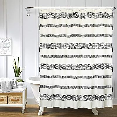 Amazon Com Uphome Tassel Shower Curtain Boho Cream And Black Geometric Striped Fabric Shower Curtain Set With Hooks Chic Bathroom Decor Heavy Duty Waterproof 72x72 Kitchen Dining