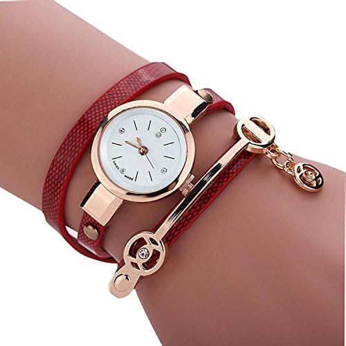 Women's Cute Metal Faux Leather Strap Quartz Wrist Watch (Red)