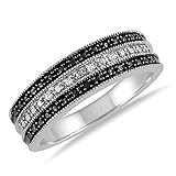925 Sterling Silver Black & White Accent Diamond 3-Row Band Ring Size 5, 6 and 7