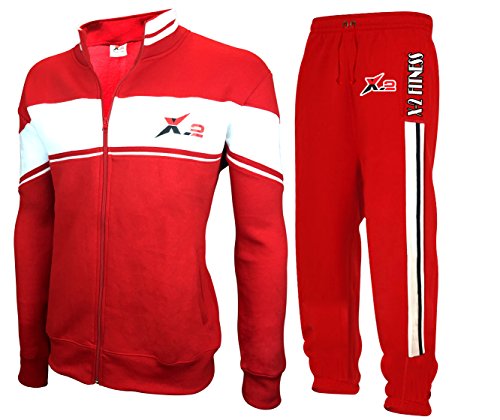 X-2 Mens Full Zip Fleece Tracksuit Jogging Sweatsuit Activewear White-Red XXL