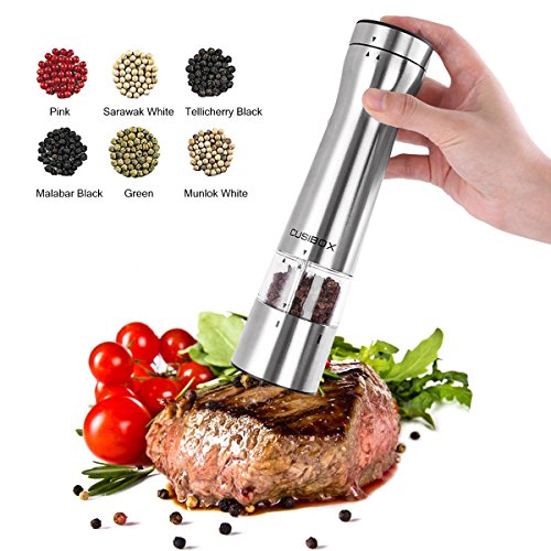 Electric Salt or Pepper Grinder, CUSIBOX Stainless Steel Electric Pepper Grinder or Salt Mill with LED Light a