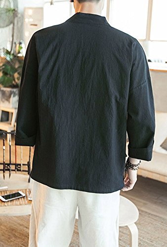 Plaid&Plain Men's Vintage Kimono Cardigan Casual Linen Pocket Cardigan Coat Black M