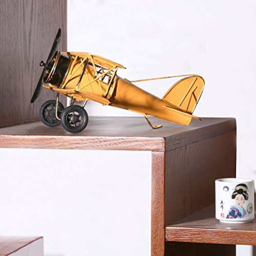 Vintage Airplane Model Metal Handicraft, Wrought Iron Aircraft Biplane, for Photo Props/Christmas/Home Decor/Ornament (Yellow)