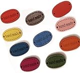 Fancy & Decorative {13mm x 18mm w/ 2 Holes} 10 Pack Mix of Medium Size “Flat” Sewing & Craft Buttons Made of Genuine Wood w/ Cute Handmade Label Shaped Stitched Design {Assorted Colors}