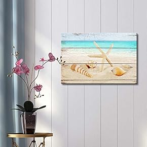 Canvas Prints Wall Art - Starfish and Seashells on The Beach with Vintage Wood Background - 12" x 18"
