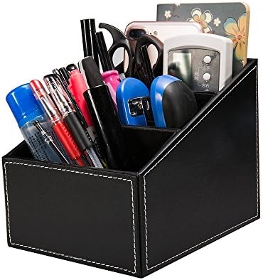 XJCKING 3 Slot PU Leather Desk Remote Controller Holder Organizer; Home Sundries Storage Box; TV Guide/Mail/Pen/CD Organizer/Caddy/Holder with Free Cable Organizer (Black )