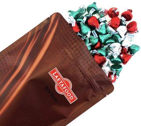 LaetaFood Bag - Hershey's Kisses Milk Chocolate, Christmas Edition, Red Green Silver Foils (Pack of 2 Pound)