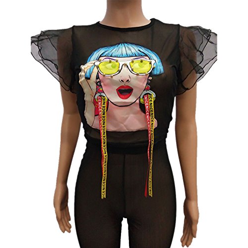 Womens Mesh See Through Bodycon 2 Piece Outfits Crop Top and Pants Set Jumpsuit Long Rompers Black S