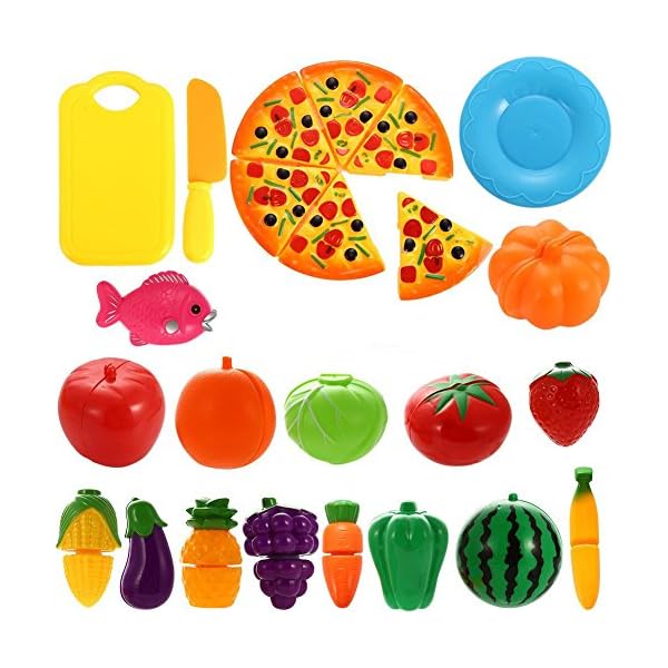 NIWWIN 24 PCS Spiel Essen Set für Kinder Kunststoff Schneiden Pizza Obst und Gemüse vorgeben Spielen Set – Bild 4