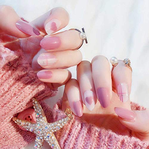 Tgirls 24Pcs Pink Glossy False Nails Heart Full Cover Medium Oval Fake Nails Nude Wedding Party Nail for Women and Girls
