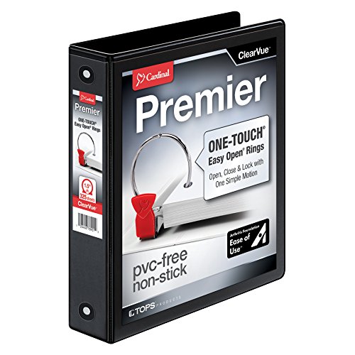 Cardinal 3 Ring Binder, 1.5 Inch Premier Easy Open Binder, ONE-Touch Locking Round Rings, 325-Sheet Capacity, ClearVue Cover, PVC-Free, Black (11111)