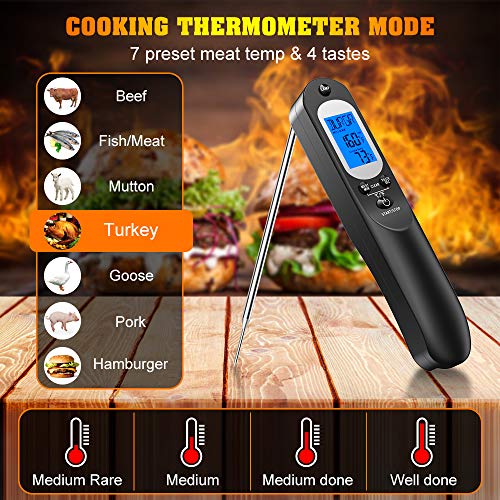 Comsoon Digital Meat Thermometer & Kitchen Timer, Instant Read Food Candy Thermometer for Grill Oven Smoker BBQ, Rechargeable Cooking Thermometer with USB Cable, Bright LCD Display & Flashlight