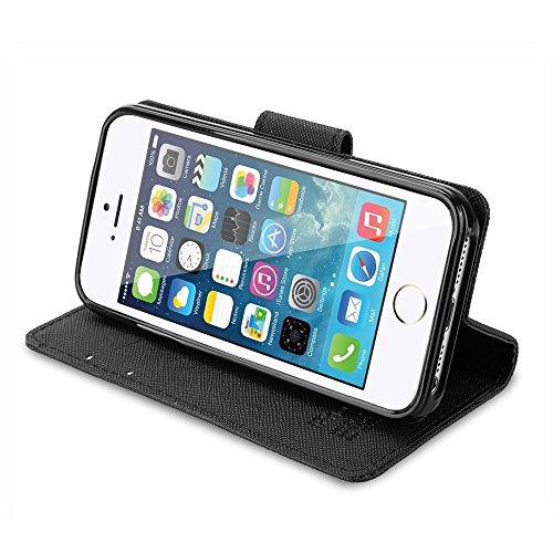 iPhone SE Case, iPhone 5S Case, IPHOX Magnetized Closure Card Slots Money Pouch, Retro Leather Wallet Case Purse Protective Cover Stand Feature Flip Book Case for iPhone 5s/5/SE (Black) - Thumbnail 7